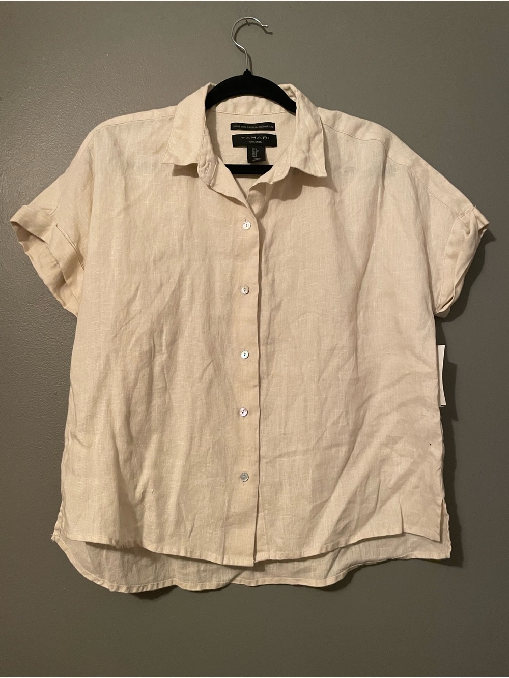 New Tahari Sz Small 100% Beige Linen Short Sleeve Blouse Button-down Shirt Top!